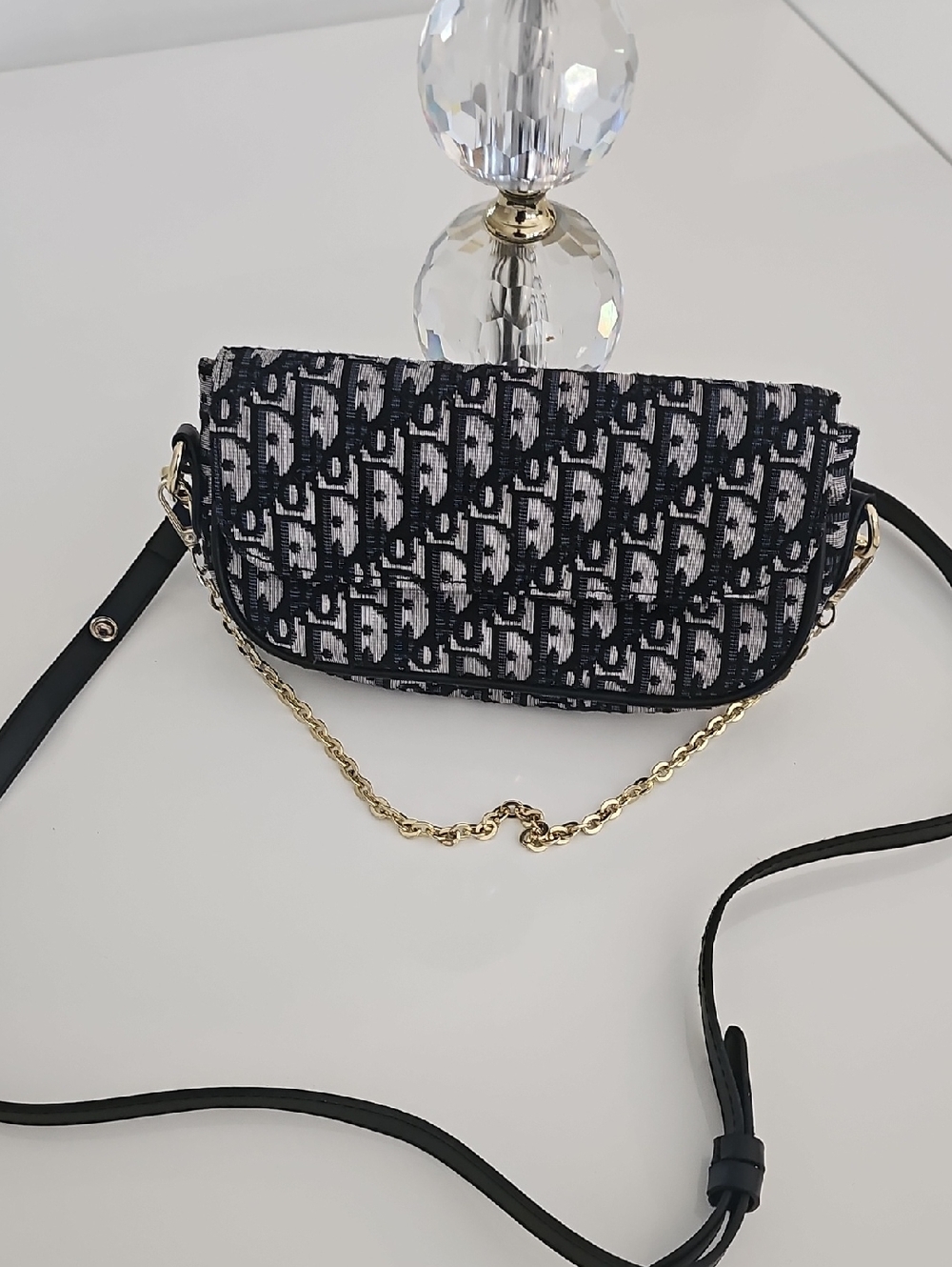 Black and Gray Patterned Crossbody Bag with Gold Chain